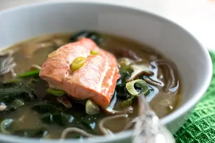 Noodle Bowl With Mushrooms Spinach and Salmon