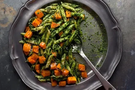 Pasta With Kale Pesto and Roasted Butternut Squash