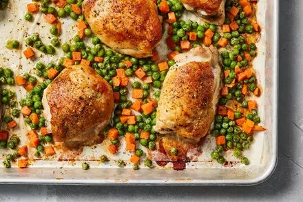 Sheet Pan Herby Roast Chicken With Peas and Carrots