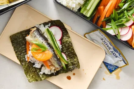 Homemade Crunchy-Tender Hand Rolls with Tinned Fish, Tender Rice & Fresh Vegetables