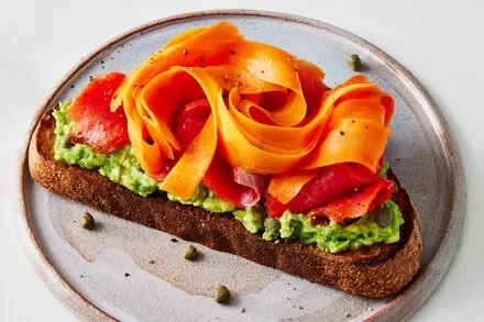 Avocado & Smoked Salmon Sourdough Toast with Shaved Carrot Salad