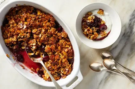Almond-Oat Crisp with Caramelized Butter-Honey Syrup & Sweet Cherries