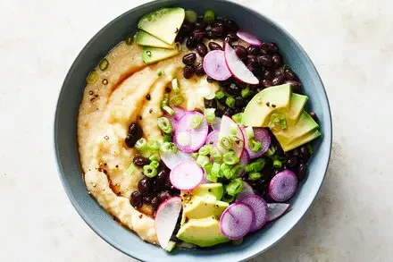 Creamy Cheese Grits with Saucy Black Beans, Avocado & Radish | A Hearty Tex-Mex Comfort Dish