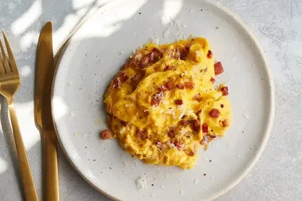 Soft Scrambled Eggs with Pancetta (Vegetarian Adaptation)